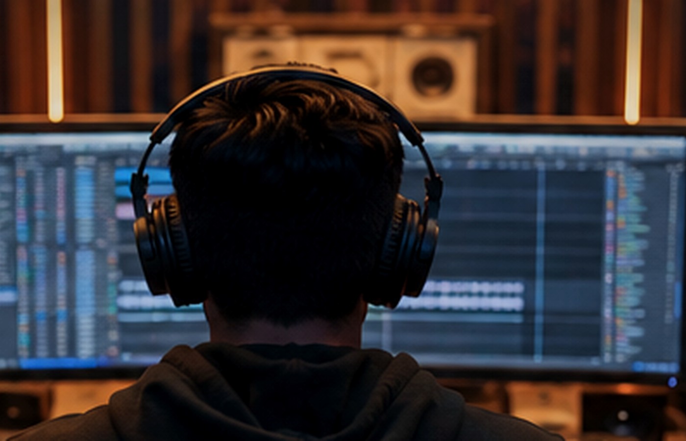 Student working inside a professional music production studio